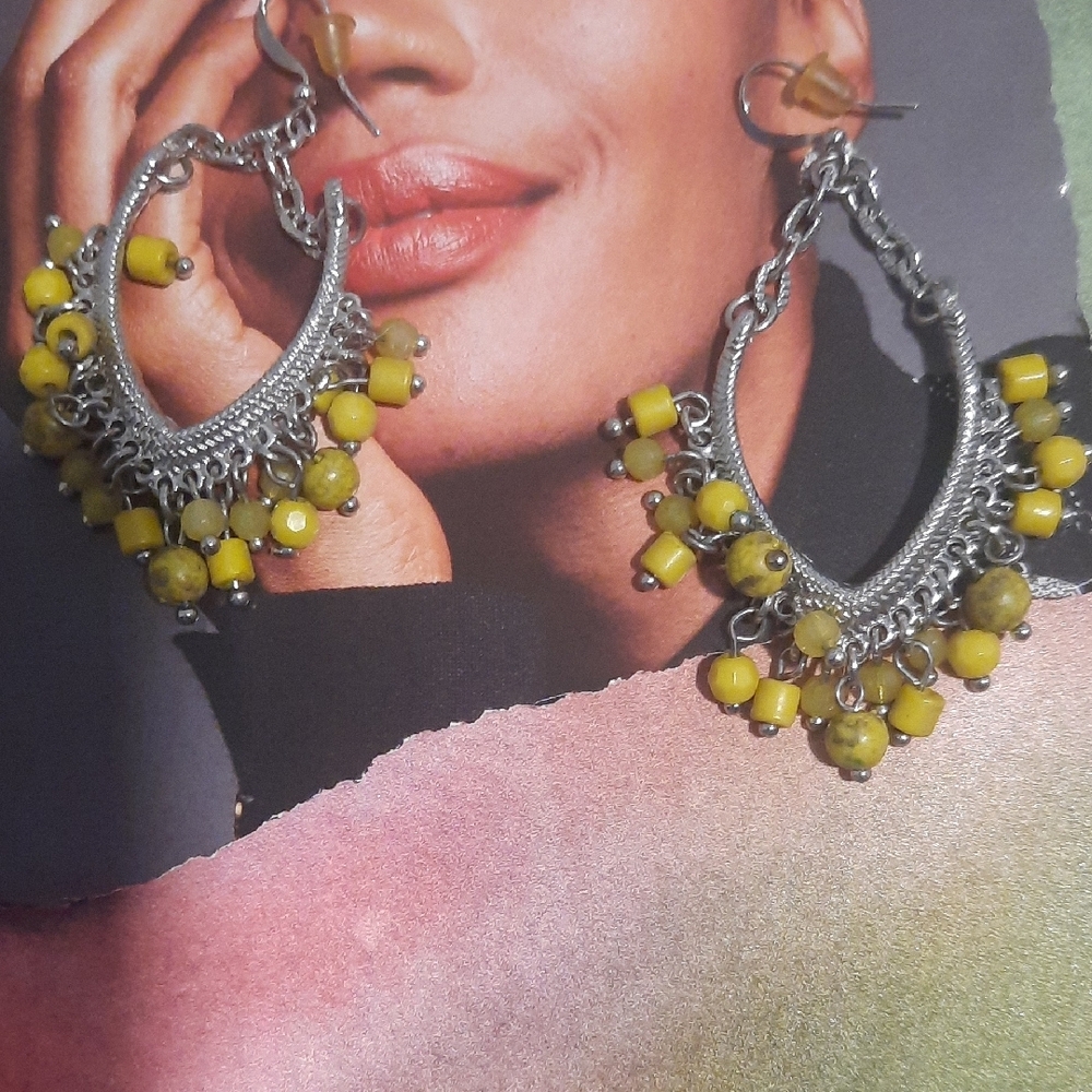 Yellow Beaded Silver Earrings